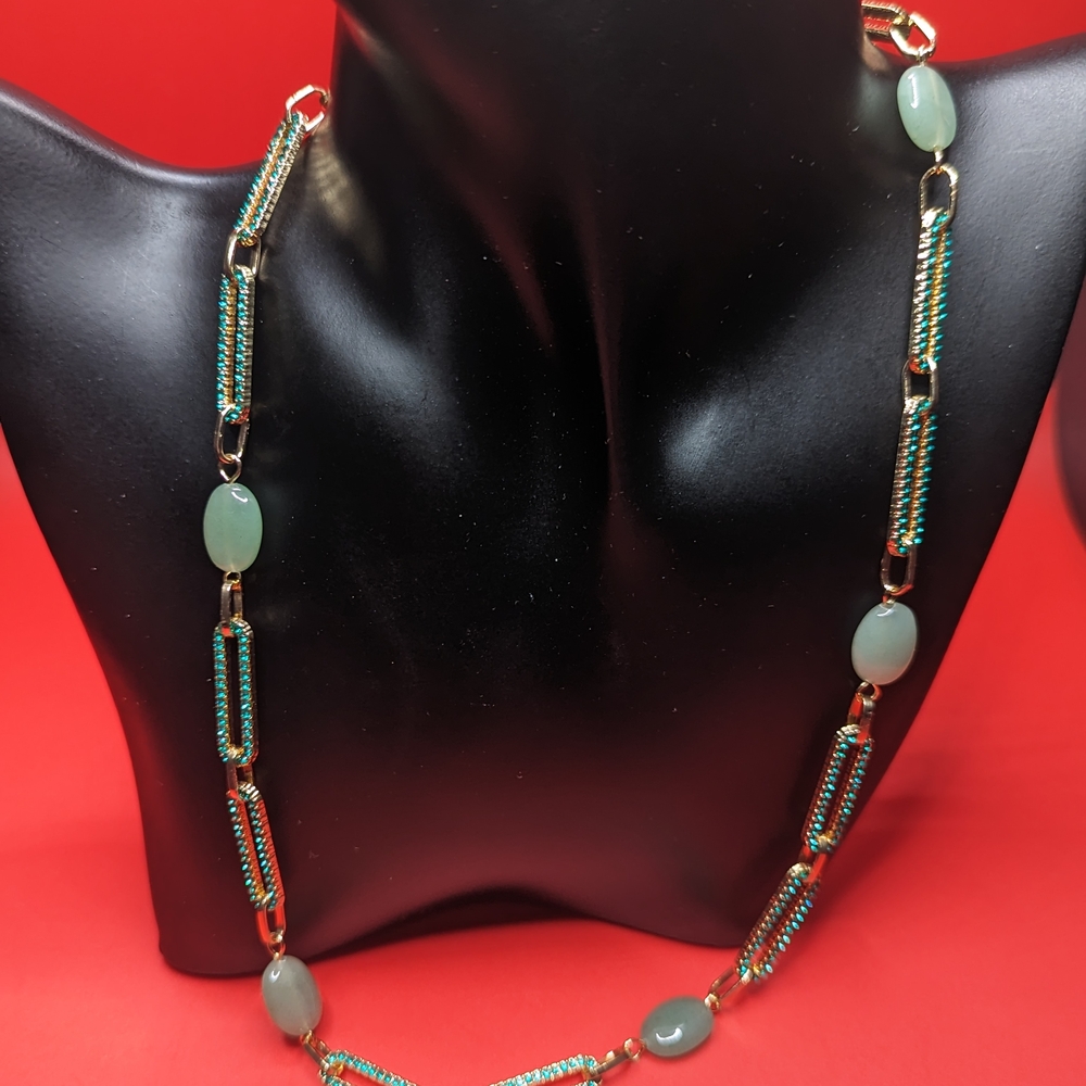 Green and Gold Stainless Steel Paper Clip Gemstone Necklace
